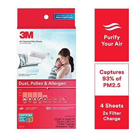 3M AC Filters for converting Split AC into air Purifier [Dust, Pollen & Allergens, 4 Sheets, 2 Change Indicators]