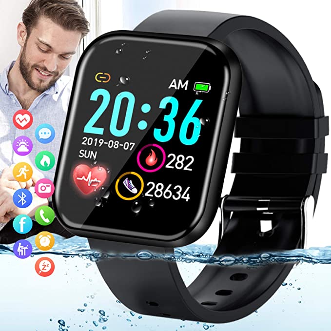 Smart Watch,Fitness Watch Tracker IP67 Waterproof Bluetooth Smartwatch with Blood Pressure Heart Rate Monitor Smart Bracelet Sports Activity Watch Compatible Android iOS Phones for Men Women Black