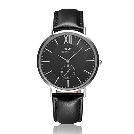 Bermont Masters Edition 40IMM Men’s Quartz Luxury Watch with Black Dial Analogue Display and Leather Strap - Classic Elegant Design - Dress Watch - Waterproof Wristwatch with Stainless Steel Case.