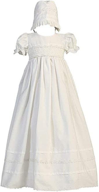 Girls White Cotton Christening Gown with Bonnet Set - Baby or Infant Girl's Christening Dress