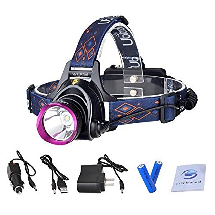 5000 Lumen Headlight WEKSI 3 LED 4 Mode Headlamp Flashlight Torch CREE XM-L2 T6 Helmet Light with Rechargeable Batteries and Wall Charger for Running Hiking Camping Riding Fishing Hunting
