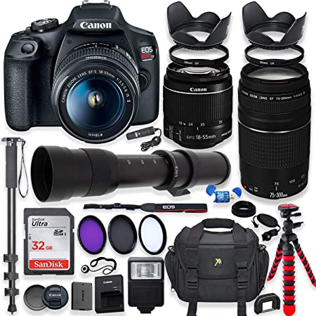 Canon EOS Rebel T7 DSLR Camera with 18-55mm is II Lens Bundle   Canon EF 75-300mm III Lens & 420-800mm Preset Telephoto Zoom Lens   32GB Memory   Filters   Spider Tripod   Professional Bundle