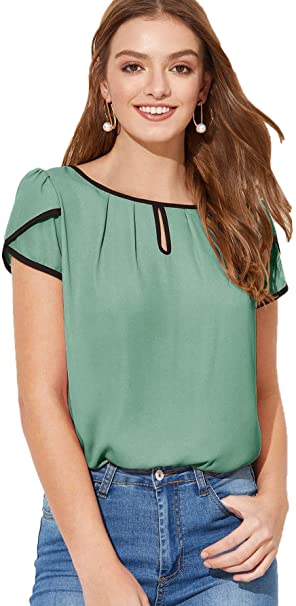 Milumia Women's Casual Round Neck Basic Pleated Top Cap Sleeve Curved Keyhole Back Blouse