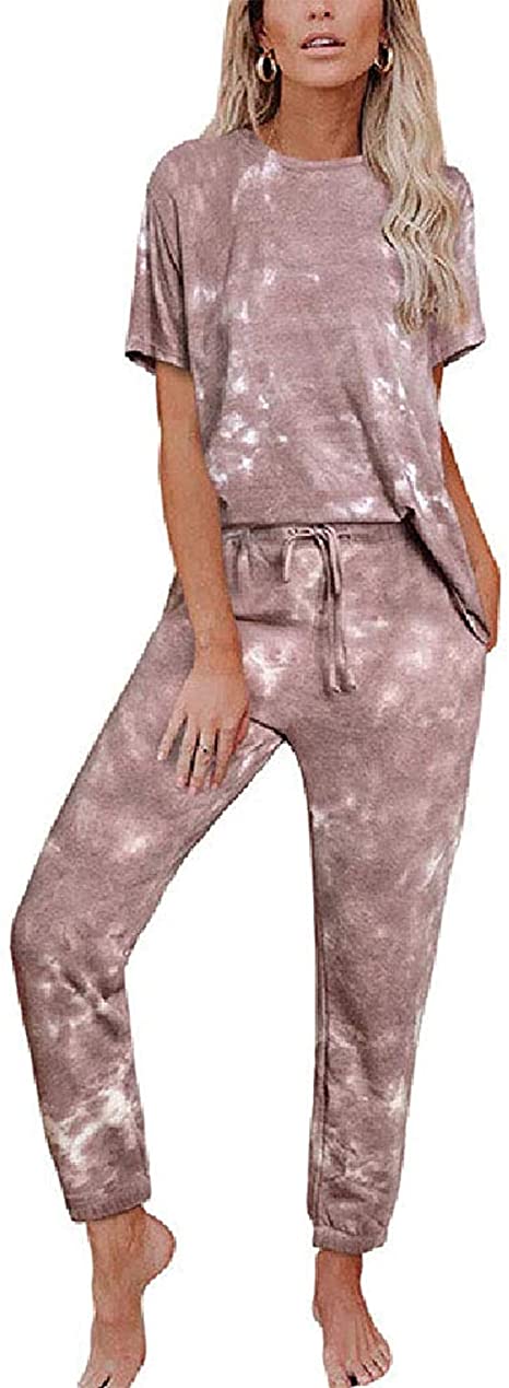 Womens Tie Dye Printed Pajamas Set Long Sleeve Tops and Pants Long PJ Sets Joggers Nightwear Loungewear
