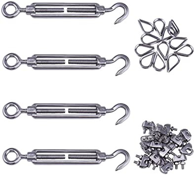 Muzata 1/8" Cable Railing Kit 4PACK,Inluded M6 Stainless Steel Hook Eye Turnbuckle 4Pcs,M3 Wire Rope Cable Clip Clamp 16Pcs,M3 Stainless Steel Thimble 8Pcs CK05