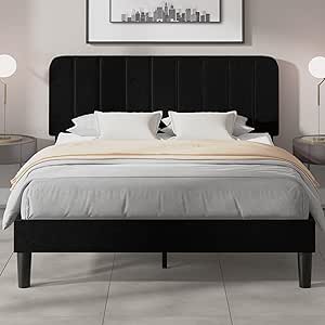 VECELO Queen Size Bed Frame with Adjustable Headboard, Velvet Heavy Duty Platform Beds with Strong Wood Slats Support, No Box Spring Needed, Black