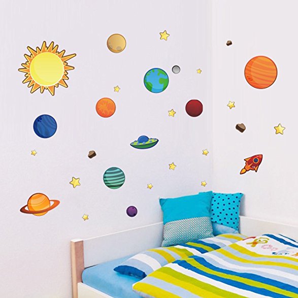 Colorful Planets in The Space Solar System with Star Wall Stickers Removable Wall Decal for Girls and Boys Nursery Baby Room Children's Bedroom
