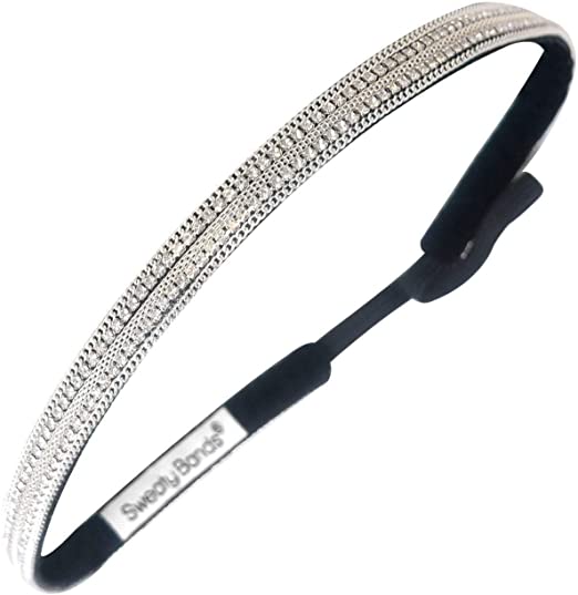 Sweaty Bands Womens Girls Headband - Non-Slip, Velvet-Lined Sparkly Hairband - Bling It Dripping in Diamonds Silver 3/8-Inch