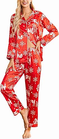 Ekouaer Women's Classic Button Down Long Satin Silk Pajama Set