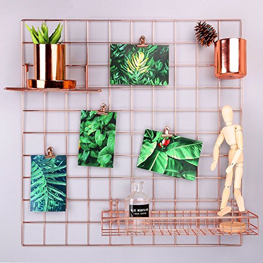 Simmer Stone Rose Gold Wall Grid Panel for Photo Hanging Display & Wall Decoration Organizer, 5 Clips & 4 Nails Offered, Set Of 1, 23.6x23.6inch/60x60cm