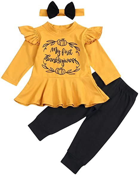My First Thanksgiving Outfits Kids Toddler Baby Girls Ruffle Sleeve Shirt Pants Set Fall Clothes