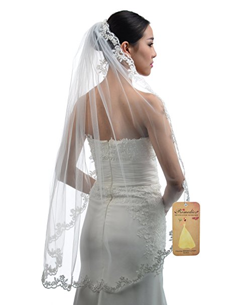 Topwedding Fingertip Length 1 Tier Light Ivory Wedding Veil with Lace Hem and Comb