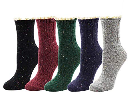 Womens Lady's 5 Pack Crochet Lace Trim Cotton Knit Crew Socks