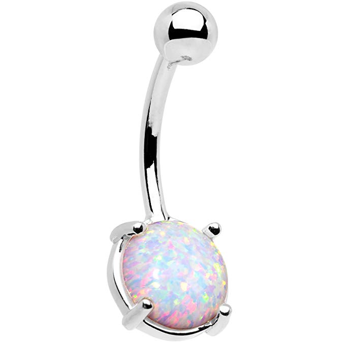 Body Candy Solid 14k White Gold 8mm Oval Synthetic Opal Belly Ring