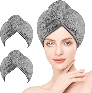 HOMEXCEL Microfiber Hair Towel Wrap, 2 Pack Hair Turbans for Wet Hair, Super Absorbent Dry Hair Towel Wrap for Curly Hair, Anti Frizz Microfiber Towel for Women, 26 x 10 inch, Grey