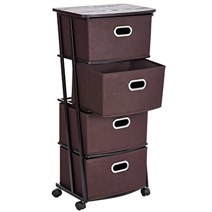 Storage Drawer Cart Unit with Wheels, MaidMAX 4 Shelves Organization Cart with 4 Nonwoven Collapsible Drawers and 4 Rolling Wheels (2 with brakes) for Clothes, Books, Tools and Papers