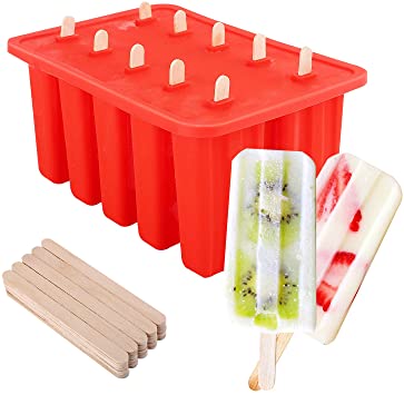 Nuovoware Ice Pop Molds, [Cavity of 10] Food Grade Silicone Frozen Ice Popsicle Makers with 100 Sticks, BPA Free, Kitchen Tools, Red