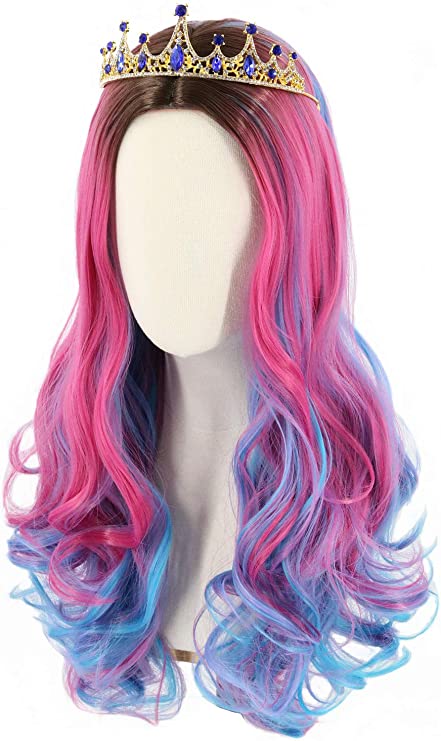 Topcosplay Audrey Wig for Kids Girls Long Wavy Pink Mixed Blue Wig Curly Costume Halloween Fancy Dress Wigs