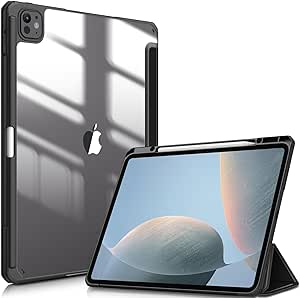 Fintie Hybrid Slim Case for iPad Pro 13-inch (M4) 2024, [Built-in Pencil Holder] Shockproof Cover w/Clear Transparent Back Shell (Black)