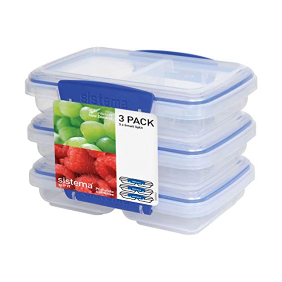 Sistema KLIP IT Rectangular Collection Split Food Storage Container, Small, 11.8 oz./0.3 L, Clear/Blue, 3 Count