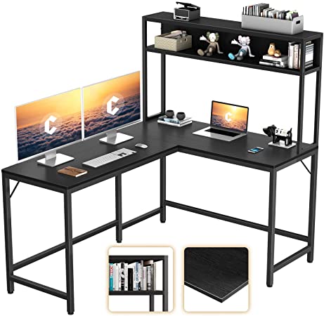 CubiCubi L-Shaped Desk with Hutch,59" Corner Computer Desk,Home Office Gaming Table Workstation with Storage Bookshelf,Black
