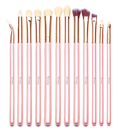 Qivange Eye Brushes Set Makeup Brush Kit with Portable Rose Red Pouch (12pcs Pink with Rose Gold)