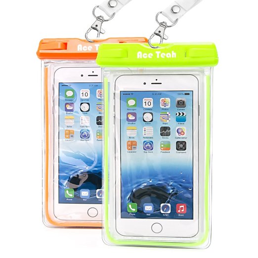 Clear Universal Waterproof Case Ace Teah Dry Bag Pouch Transparent Snowproof Dirtproof Protective Cover for iPhone 6 6 Plus 5S 5C Samsung Galaxy S6 edge S5 S4 Note 4 3 2 - Orange Green 2 Pack