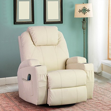 Esright Massage Recliner Chair Heated PU Leather Ergonomic Lounge 360 Degree Swivel (Cream)