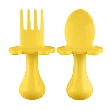 Babyware Made in USA First Self Feeding Spoon Fork Utensil Set for Baby Led Weaning and Toddlers BPA Free (Yellow)