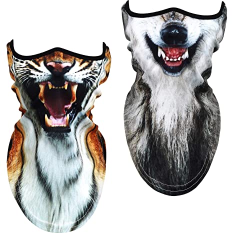 2 Pieces 3D Animal Print Balaclava Breathable Half Face Covers Windproof Neck Gaiters for Motorcycling Cycling Hiking Skiing Outdoor Activities (Wolf and Tiger Style)