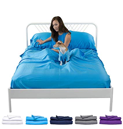 Sheets & Giggles Eucalyptus Lyocell Sheet Set. Compared With Cotton, Our Sheets Are Softer, More Breathable, More Cooling, and Sustainable Too- No Sheet. Hypoallergenic, Deep pockets. Queen Ocean Blue