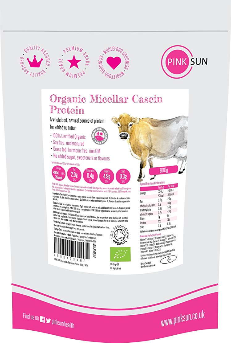 Organic Micellar Casein Protein Powder 800g (or &gt; 1kg amounts) - Pure, Grass Fed, Soy Free, Gluten Free, Unflavoured, Vegetarian, No added Sugar - Bulk Buy PINK SUN