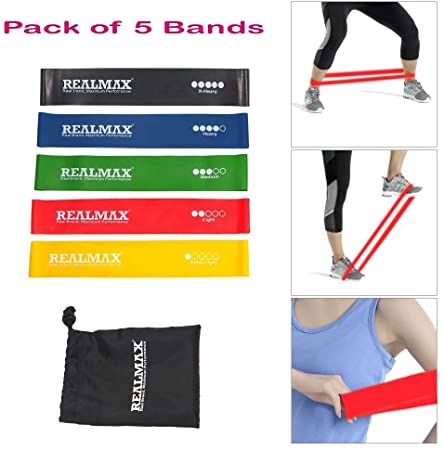 REALMAX【 PACK of 5 】Exercise Bands Fitness Workout Resistance Loop For Men Women Gym Strength Training Gymnastics Stretch Yoga Strap Physical Mobility Injury Rehabilitation Made With Natural Latex