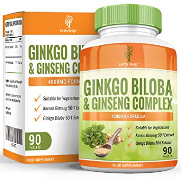 Ginkgo Biloba & Ginseng - High Strength - Ginkgo 50:1 Extract 3000mg - Ginseng 50:1 Extract 1000mg - Suitable for Vegetarians - 90 Tablets by Earths Design