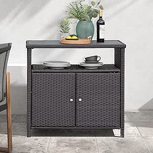 Grand patio Outdoor Wicker Storage Cabinet 2-Door Wicker Shelf Buffet Cabinet, Dark Brown