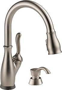 Delta Faucet Leland VoiceIQ Touch Kitchen Faucet with Touchless Technology, Brushed Nickel Kitchen Faucet with Soap Dispenser, Alexa and Google Assistant Voice Activated, Spotshield Stainless