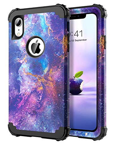 iPhone XR Case,DUEDUE Shockproof 3 in 1 Slim Hybrid TPU Bumper Hard PC Cover Galaxy Nebula Design PU Leather Full Protective Phone Case for iPhone XR 6.1 inch for Women Girls, Purple/Black