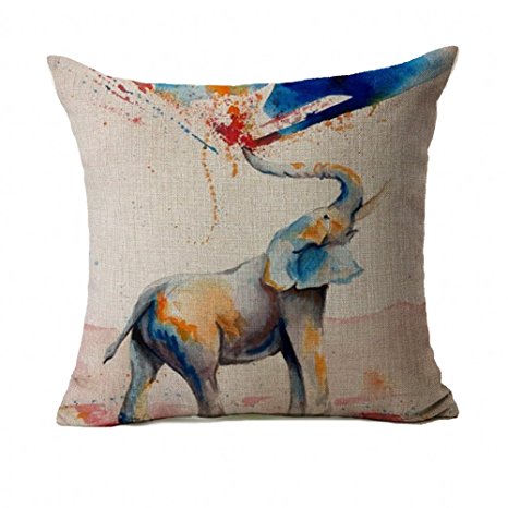 4TH Emotion Watercolor Cute Indian Elephant Home Decor Design Throw Pillow Cover Pillow Case 18 x 18 Inch Cotton Linen for Sofa