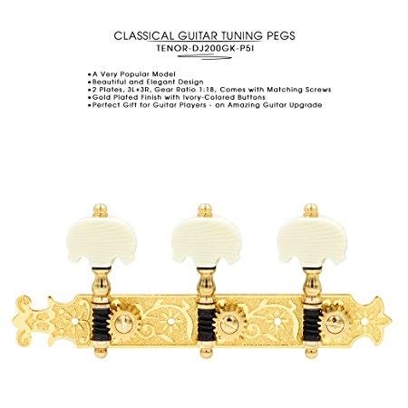 DJ200GK-P5I TENOR Classical Guitar Tuners Professional Tuning Key Pegs/Machine Heads for Classical or Flamenco Guitar with Gold Plated Finish and Ebony Colored Buttons.
