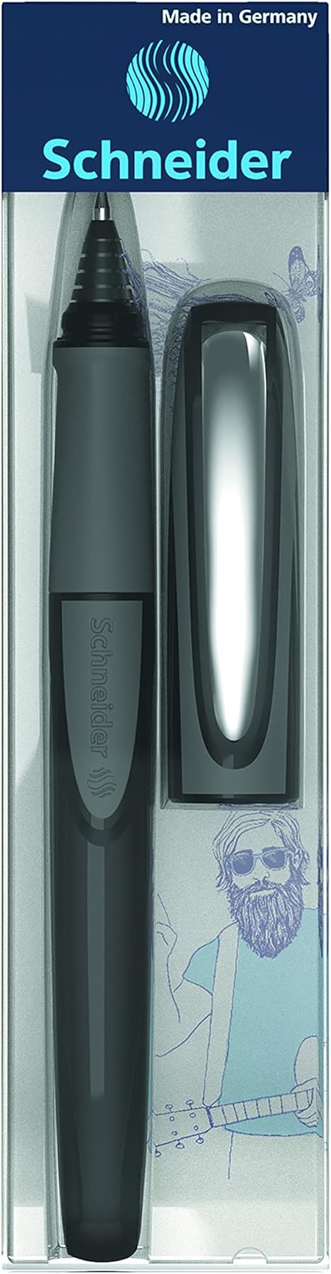 Schneider Ray Cartridge Rollerball Pen, M (Medium), Refillable, Onyx Barrel, Royal Blue Erasable Ink Cartridge (187807)