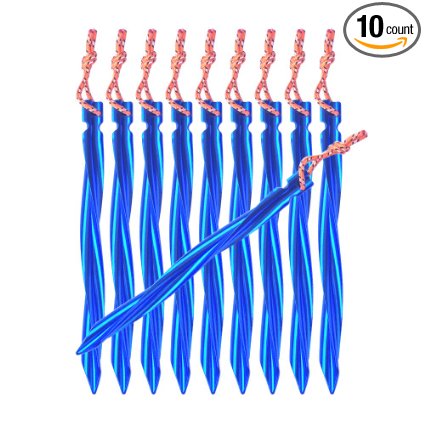 Hikemax Lightweight 7075 Aluminum Tent Stakes - Swirled Shape Tent Pegs with Reflective Pull Cords & 600D Oxford Fabric Pouch - 10 Pack