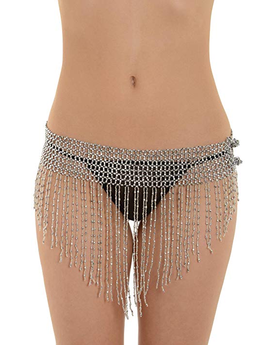 Fashion Jewelry Stretch Beaded Belly Chain Mini Skirt with Beaded Fringe Silver or Gold Color