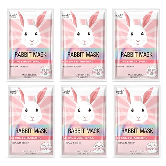 Epielle Character Sheet Masks | Animal Spa Mask | Puppy, Tiger, Rabbit, Penguin, Pig, Fox | Korean Beauty Mask -For All Skin Types| Birthday Party Gift for her kids, Spa Day Party, Girls Night, Spa Night, Beauty Gift | Skincare Gifts | Stocking Stuffers (Rabbit 6pack)