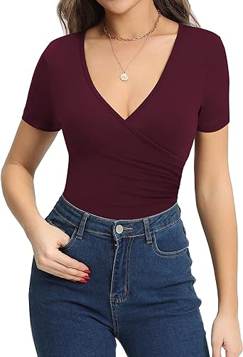 MANGOPOP Women's Cross Wrap Ruched Plunge Sexy Deep V Neck Slim Fit Long Sleeve Short Sleeve T Shirt Tunic Tops Tee