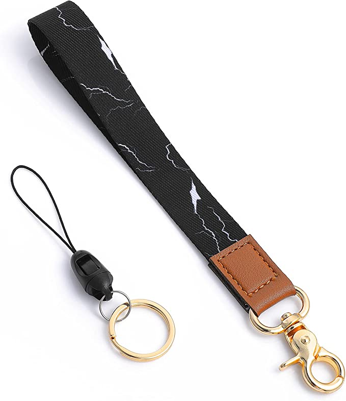 Cobee Wrist Lanyard Keychain, Marble Hand Wrist Lanyard with Swivel Lobster Clasp   Mini Lanyard with Metal Keyring, Leather Wristband Key Chain for Car Keys ID Badges Card(Black with White Texture)