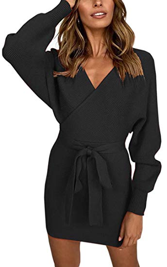 Angashion Women's Sexy V Neck Backless Long Batwing Sleeves Bodycon Dress with Belt