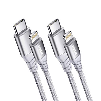 ESR 2 Pack USB-C to Lightning Cable, 6.6ft MFi Certified, Braided Nylon Power Delivery Fast Charging for iPhone 11/11 Pro/11 Pro Max/XR/XS Max/XS/X/8/8 , AirPods Pro,Use with Type-C Chargers, Silver