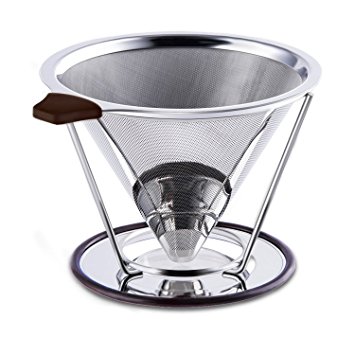 Paperless Pour Over Coffee Dripper by Possiave - Permanent Reusable Stainless Steel Durable Cone Coffee Filter with Coffee Cup Stand -Fits Any Cup for Carafes&Glass Coffee Maker (silver)