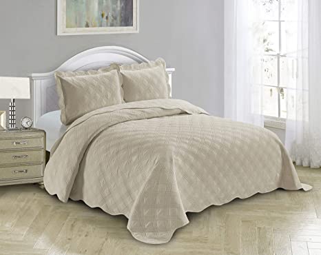 Fancy Linen 3pc Embossed Coverlet Bedspread Set Oversized Bed Cover Solid Modern Squared Pattern New # Jenni (King/California King, Beige)