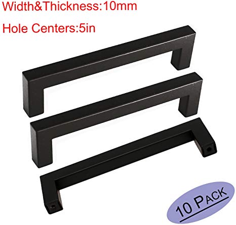 Kitchen Cabinet Handles Flat Black - 10mm Width Stainless Steel 128mm Kitchen Cupboard Drawer Pull Knobs Square Bar by Goldenwarm, Hole Centers 5in 10Pack